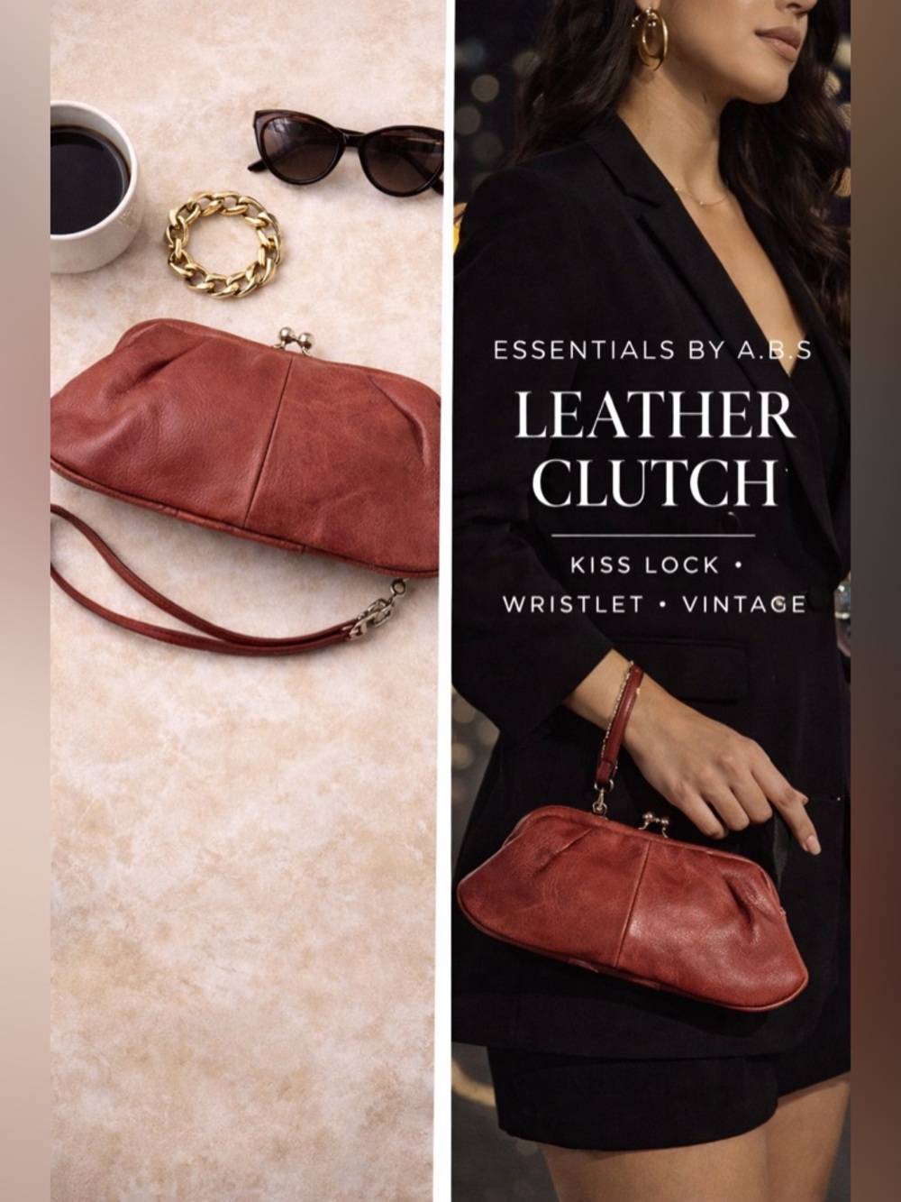 Essentials by A.B.S Leather Kiss Lock Clutch Wristlet Bag